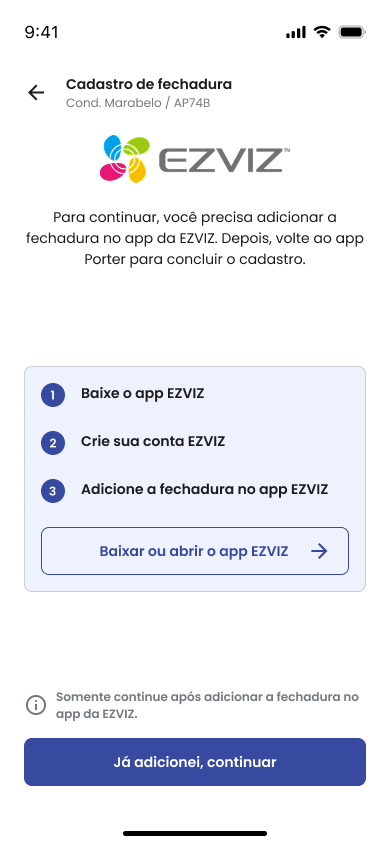 Tela Cadastro de fechadura com os três passos no app EZVIZ: baixar o app, criar a conta e adicionar a fechadura