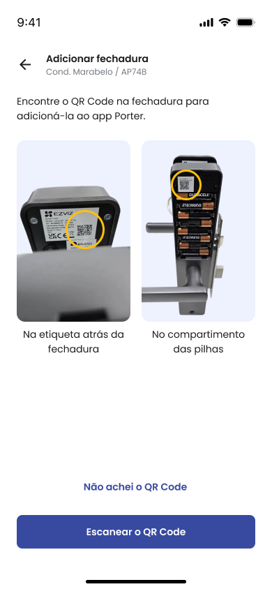 Tela Adicionar fechadura mostrando as duas posições do QR code: na etiqueta atrás da fechadura e no compartimento das pilhas